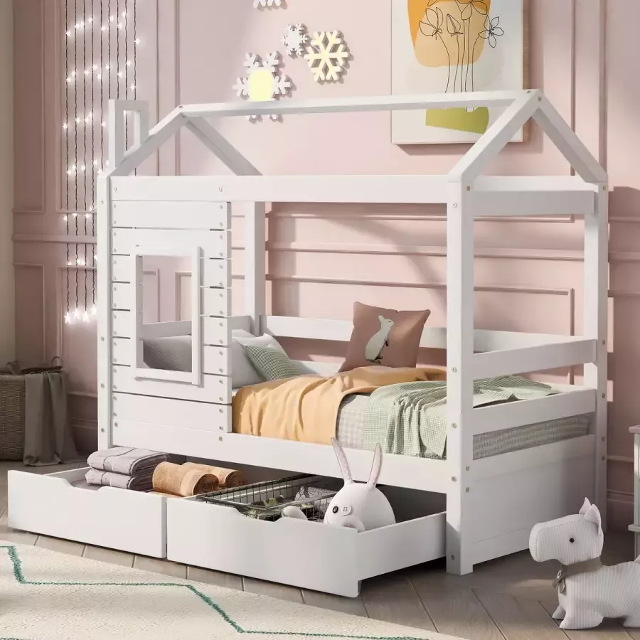YJZQ Kinderhuisbed met onderschuifbed raam en dak Houten stapelbed 160x80CM met valbeveiliging Veelzijdig houten kinderbed met 2 lades voor jongens en meisjes wit