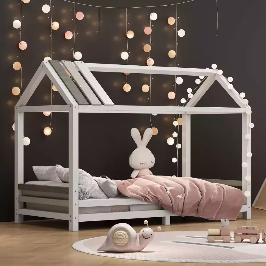 YJZQ Kinderspeelhuisbed 200x90cm- Distressed Craft Plank Design- Driekleurige gesplitste houten latten Decoratieve huisvorm Fall Out Protection Cot- Massief houten kinderbed met lattenbodem- Wit