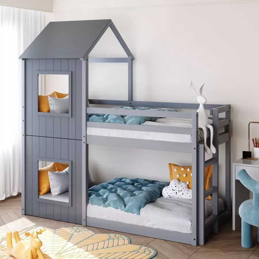 YJZQ Kinderstapelbed-huisbed met 2 ramen-Loft bed met ladder & luifel-dubbel bed 200x90cm(grijs)