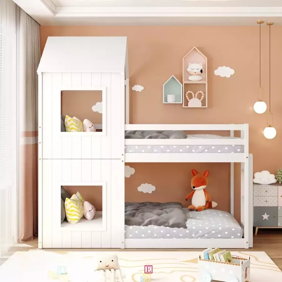 YJZQ Kinderstapelbed-huisbed met 2 ramen-Loft bed met ladder & luifel-dubbel bed 200x90cm(wit)