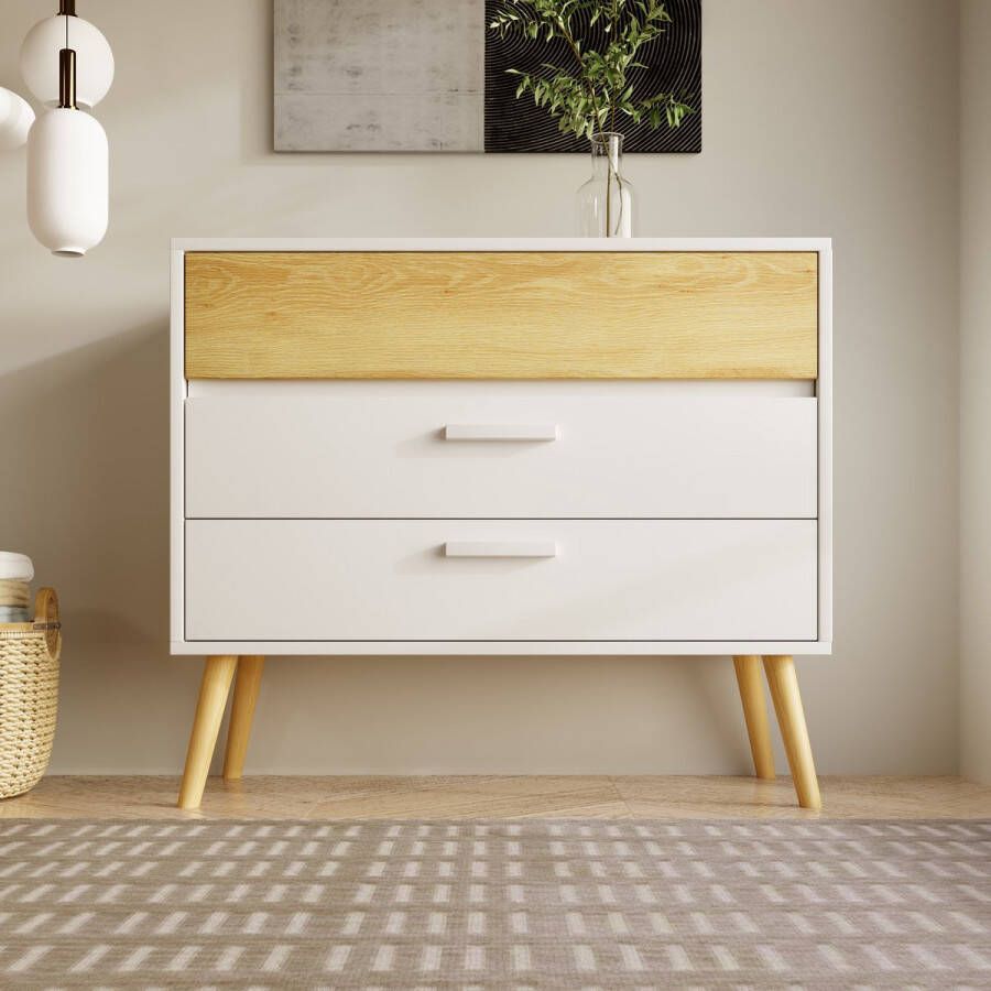 YJZQ Ladekast met 3 laden-dressoir highboard voor slaapkamer & alle woonkamers -Wit 91.5x77x40cm