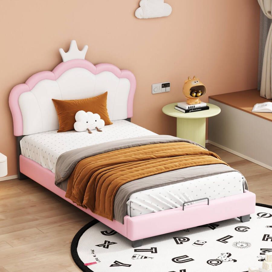 YJZQ Ledikant gestoffeerd bed 90*200cm -Kinderbed met lattenbodem en rugleuning- meisjesbed met kroonlijst- roze (matras niet inbegrepen)