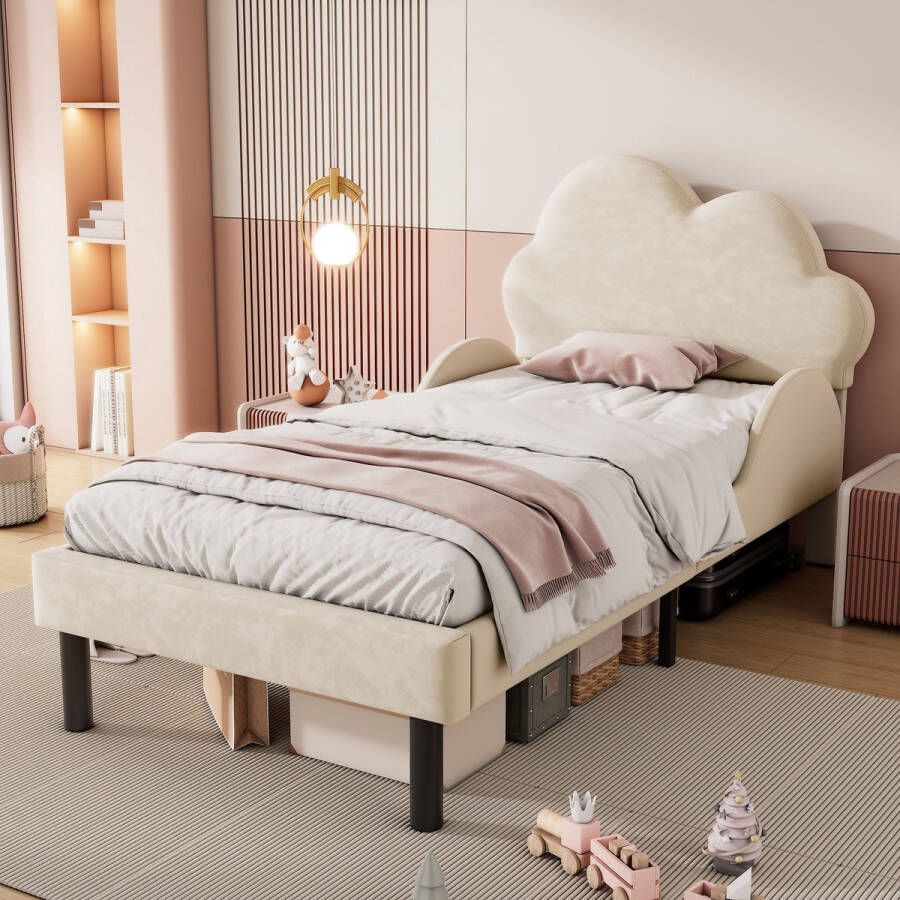 YJZQ Luxe fluweelzacht gestoffeerd bed met wolkenhoofdeinde gebogen zijhekken en grote opbergruimte eenpersoonsbed 90x200cm beige