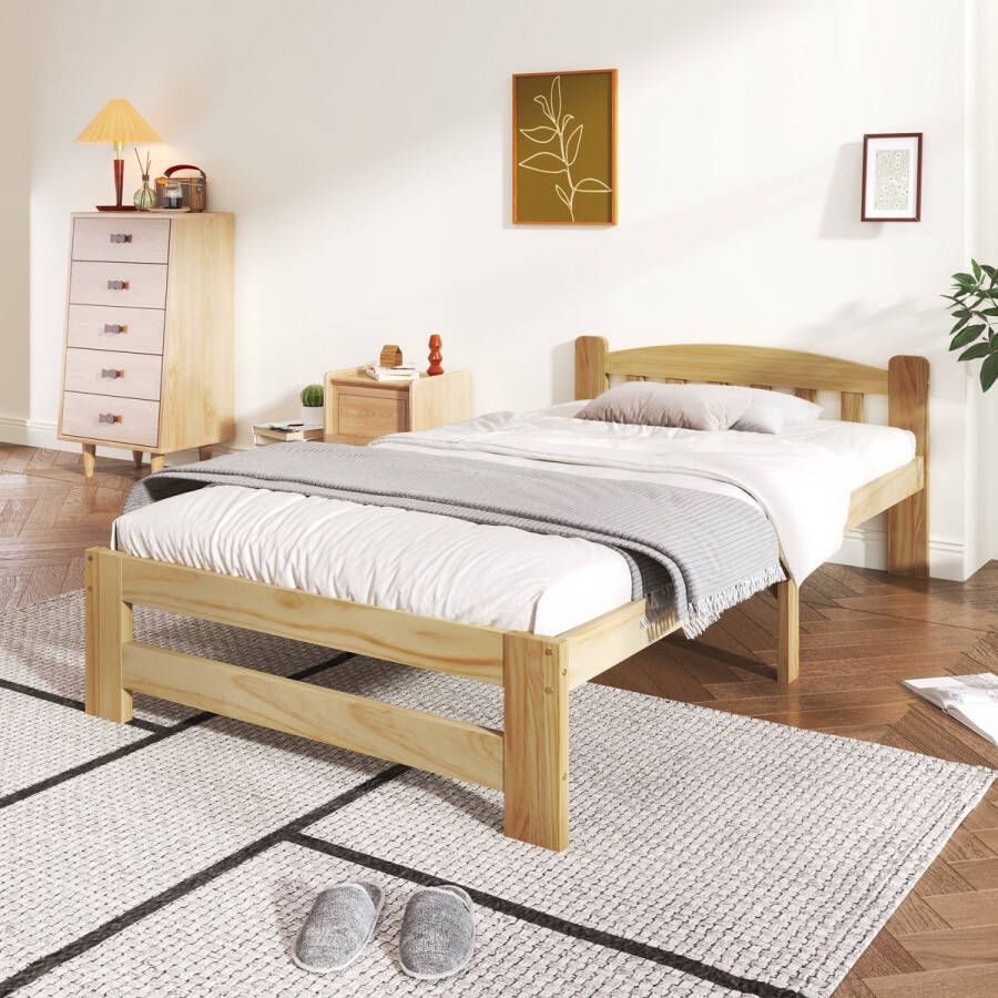 YJZQ Massief houten bed futonbed eenpersoonsbed massief houten naturel bed met hoofdeinde en lattenbodems jeugdbed volwassen bed naturel 90x200 cm
