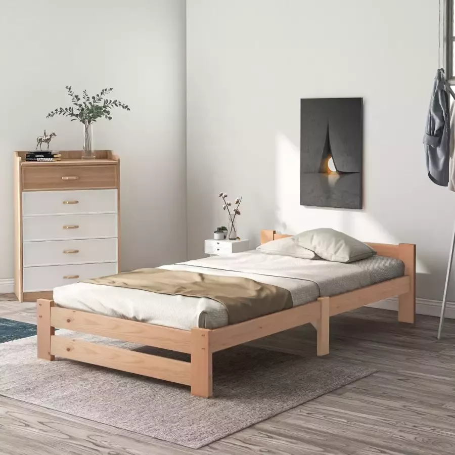 YJZQ Massief houten bed futonbed massief hout met hoofdeinde en lattenbodem natuurlijke kleur (200x90cm)
