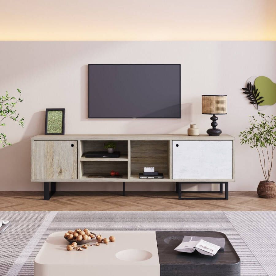YJZQ Mid-Century Modern TV-meubel met 2 deuren-Entertainment Center met opbergkast en open schappen-TV-mediakast voor woonkamer slaapkamer bureautje-vintage hout en grijs
