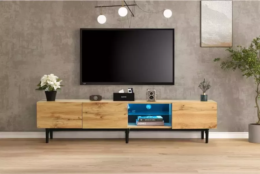 YJZQ Modern LED TV meubel Licht eiken TV meubel met variabele 7 kleuren LED verlichting MDF TV meubel met opbergruimte en open schappen voor woon- en eetkamer -175cm