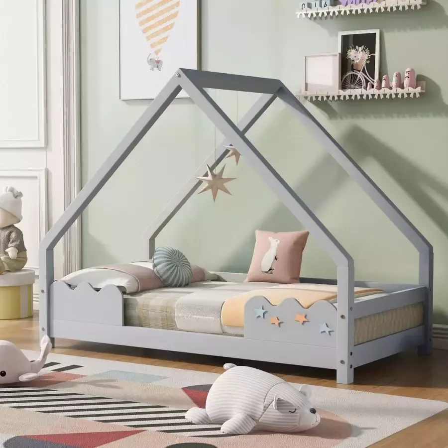 YJZQ Modern massief houten peuterbedframe met huisdak-huisbed 80x160cm -grijs hutbed met uitvalbeveiliging-voor kinderen tieners