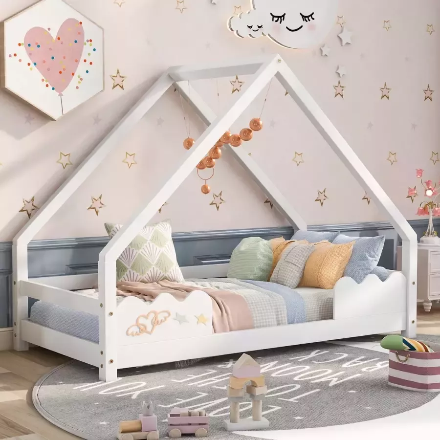 YJZQ Modern massief houten peuterbedframe met huisdak-huisbed 80x160cm -Wit hutbed met uitvalbeveiliging-voor kinderen tieners