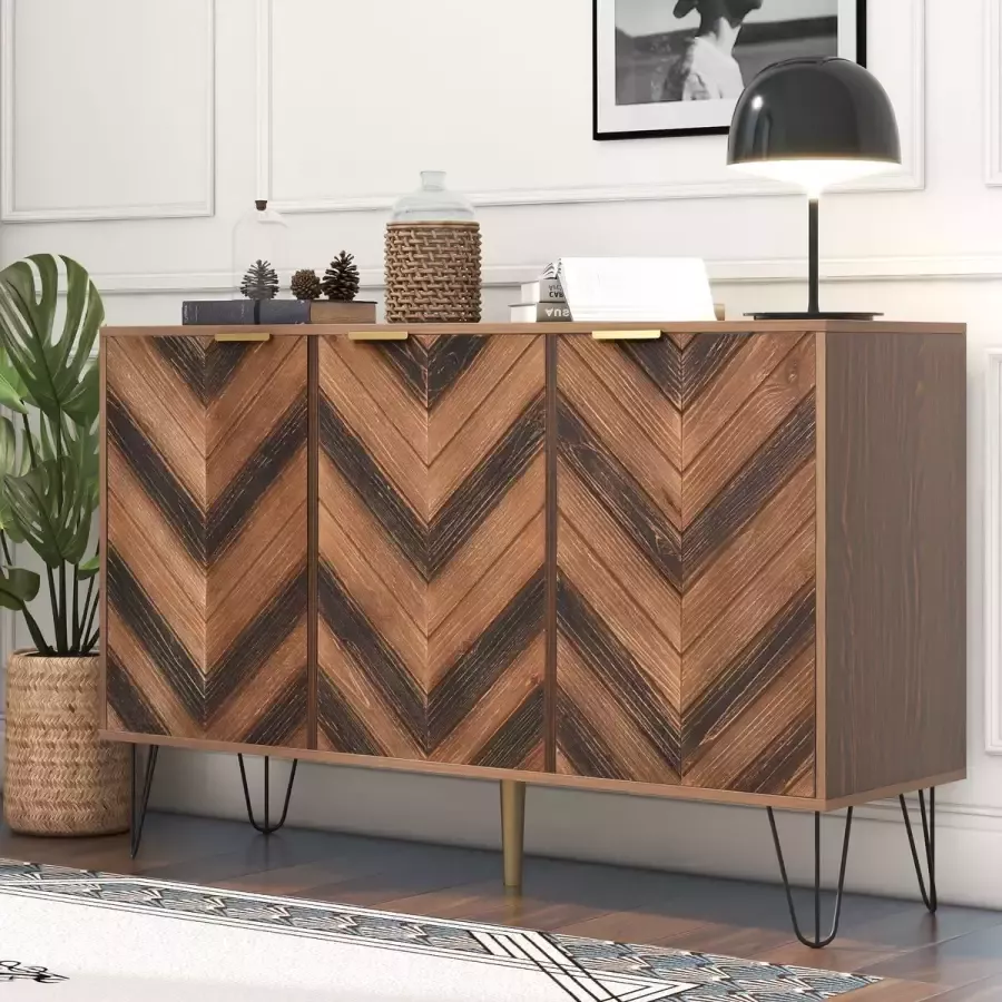 YJZQ Modern Opbergkastje met 3 massief houten deuren-Sideboard Buffetkastje met Verstelbare Planken voor Woonkamer Bureau Slaapkamer Entree-Houtnerf kleur dressoir met gouden handvat-120cm Lengte