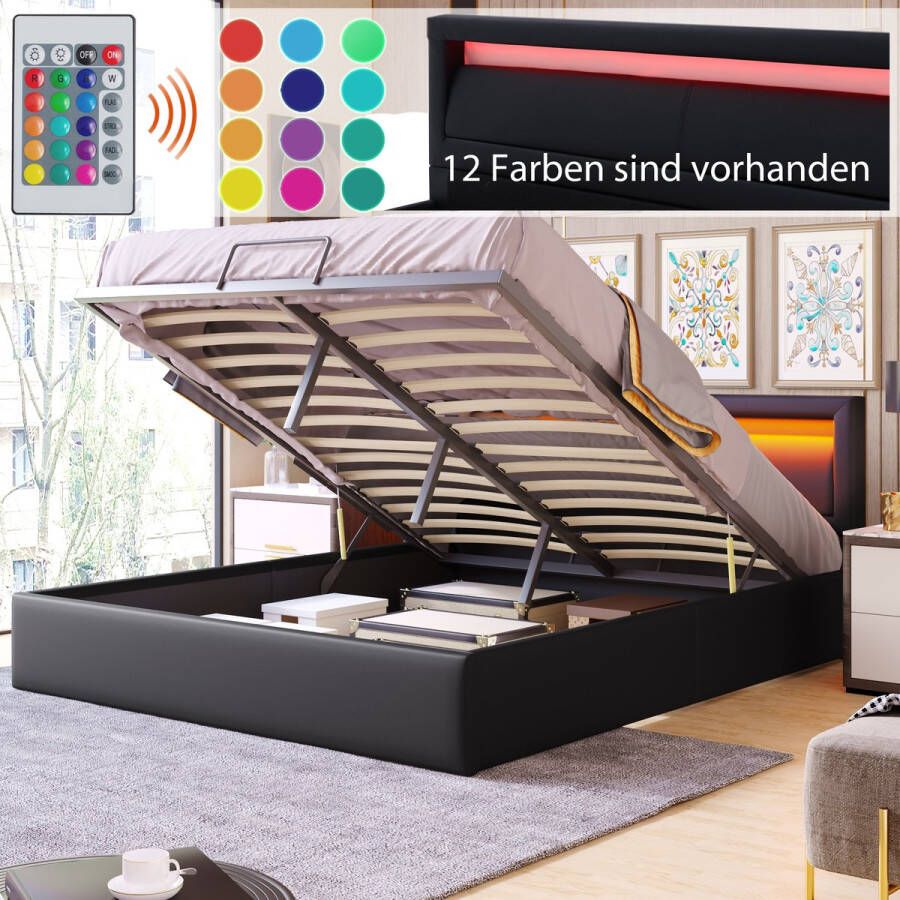 YJZQ Modern Queen Size LED-bedframe 140 x 200cm Zwart gestoffeerde lattenbodem van kunstleer Bed met veranderende LED-verlichting Hoofdeinde Massief houten lattensteun met opbergruimte