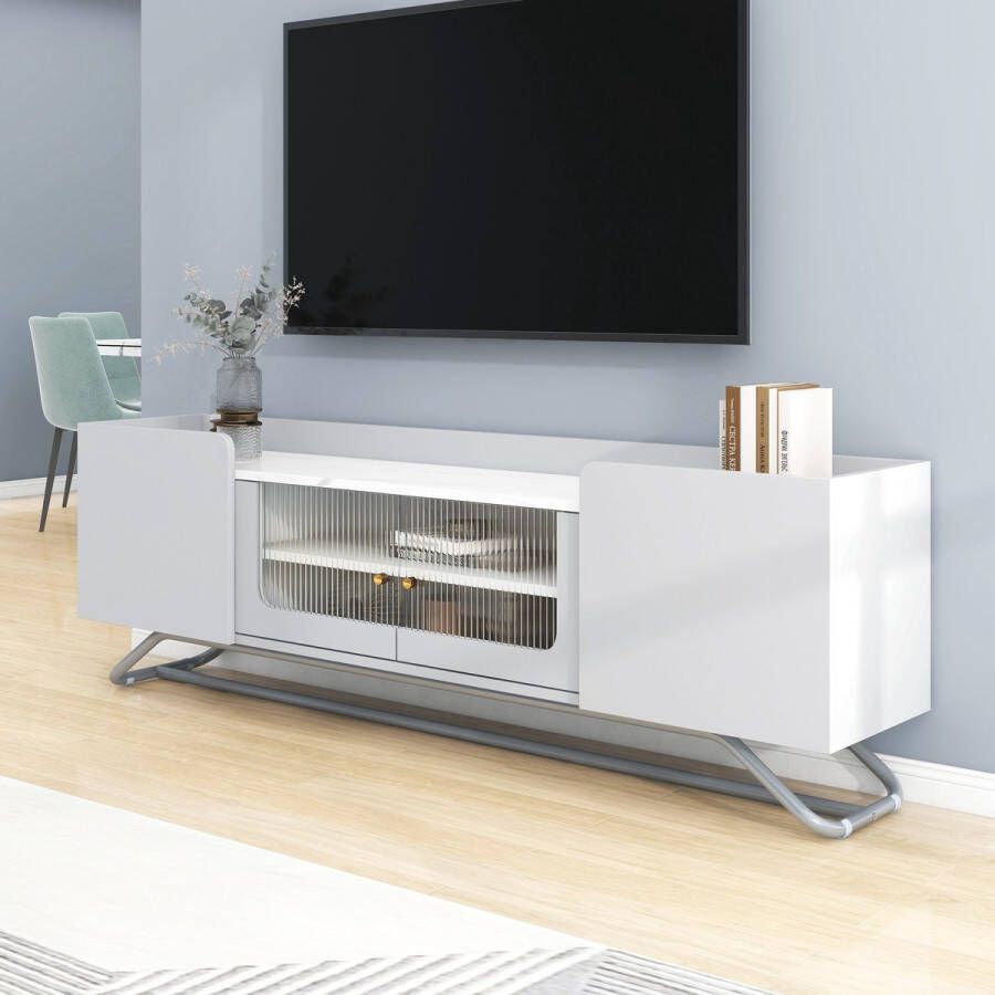 YJZQ Modern TV-meubel lowboard met glazen deur Tafelblad in hoogglans marmerstructuur met legplank twee deuren twee tussenschotten 150 x 30 x 47 cm grijs