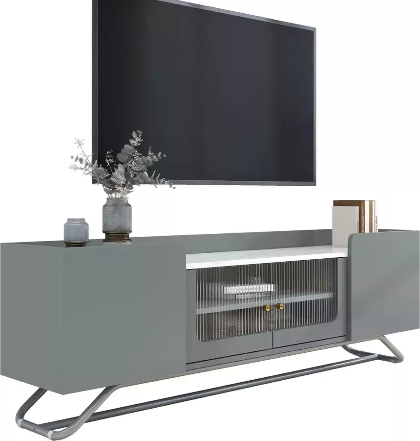 YJZQ Modern TV-meubel lowboard met glazen deur Tafelblad in hoogglans marmerstructuur met legplank twee deuren twee tussenschotten 150 x 30 x 47 cm Wit