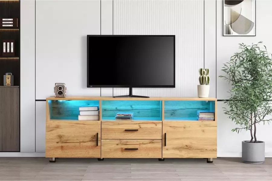 YJZQ Modern TV-meubel met LED- 7 variabele LED-verlichting Verstelbare voeten TV Stand-Eiken kleur TV Table met opbergplank en laden-Media Entertainment Console 138 (L) x 33 5 (B) x 52 5 (H) cm