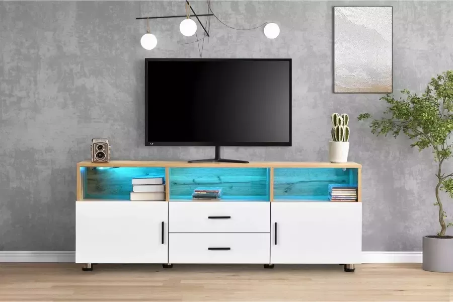 YJZQ Modern TV-meubel met LED- 7 variabele LED-verlichting Verstelbare voeten TV Stand-White TV Table met opbergplank en laden-Media Entertainment Console 138 (L) x 33 5 (B) x 52 5 (H) cm
