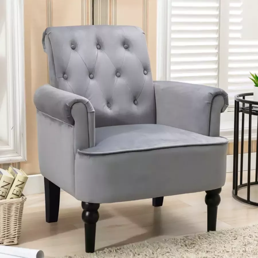 YJZQ Moderne getufte knop Wingback-ijdelheidsstoel met armleuningen-fauteuil Ontspannende stoel met stijlvolle fluwelen bekleding Massief houten poten Gestoffeerde getufte knopstoel voor woonkamer en slaapkamer-Vintage grijs 86x69x74cm