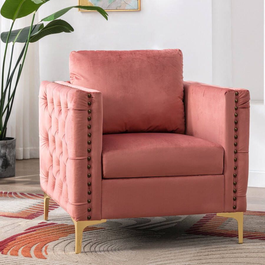 YJZQ Moderne getufte knop Wingback-ijdelheidsstoel met armleuningen -Fauteuil Relaxfauteuil met kussen Stijlvolle fluwelen bekleding metalen poten -Gestoffeerde getufte knopstoel voor woonkamer en slaapkamer-Vintage- roze 71.9(L)*73.6(B)*88(H)cm