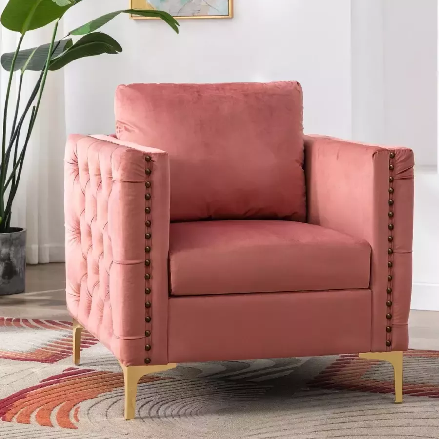YJZQ Moderne getufte knop Wingback-ijdelheidsstoel met armleuningen -Fauteuil Relaxfauteuil met kussen Stijlvolle fluwelen bekleding metalen poten -Gestoffeerde getufte knopstoel voor woonkamer en slaapkamer-Vintage- roze 71.9(L)*73.6(B)*88(H)cm