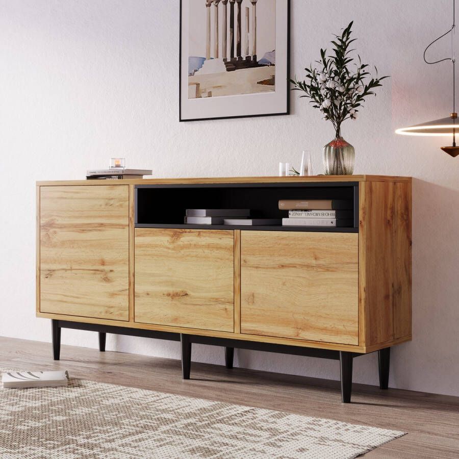 YJZQ Moderne houten dressoirkast Rustiek buffetdressoir met drie deuren en planken eenvoudige montage Moderne opbergkast met ruimtebesparend ontwerp 160 x 35 x 76 cm