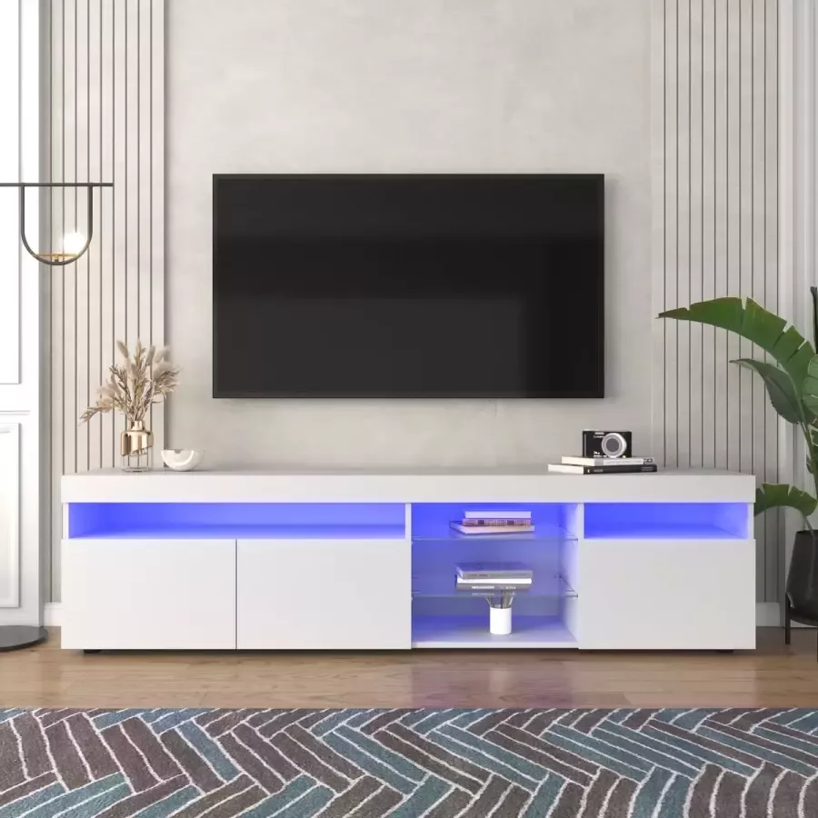 YJZQ Moderne LED TV-standaard Witte TV-standaard met variabele 16 kleuren LED-verlichting MDF Hoogglans TV-kast met opbergruimte en open planken voor woon- en eetkamer -180cm