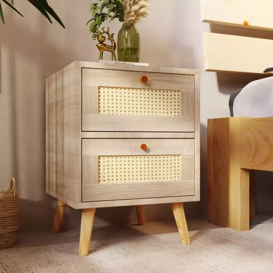 YJZQ Moderne nachtkastjes rotan bijzettafel met opbergruimte-boerderij bijzettafel voor woonkamer slaapkamer en kleine ruimtes-accent nachtkastjes met massief houten poten-eenvoudige montage