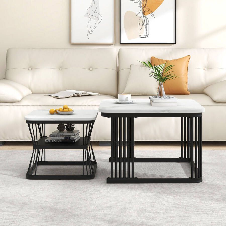 YJZQ Moderne Nesting Side End Table-PVC in marmerlook-vierkante bijzettafels set van 2-zwarte metalen stalen buizen-Grote en kleine tafel Diameter 65cm en 45cm