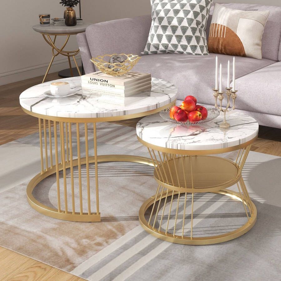 YJZQ Moderne salontafel salontafelset Wit Marmeren fineerbank zijnest van tafels grote en kleine ronde eindtafels Set van 2-gouden kleurenframe afmeting 70 cm en 45 cm
