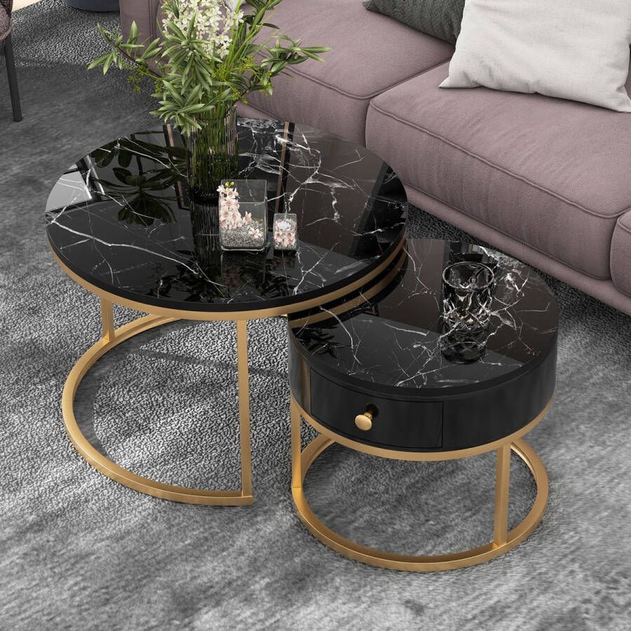 YJZQ Moderne salontafel set van 2 voor woonkamer balkon kantoor ronde hout accent salontafels met lade- Goud stevig metalen frame eenvoudige montage marmer wit 70cm en& 50cm