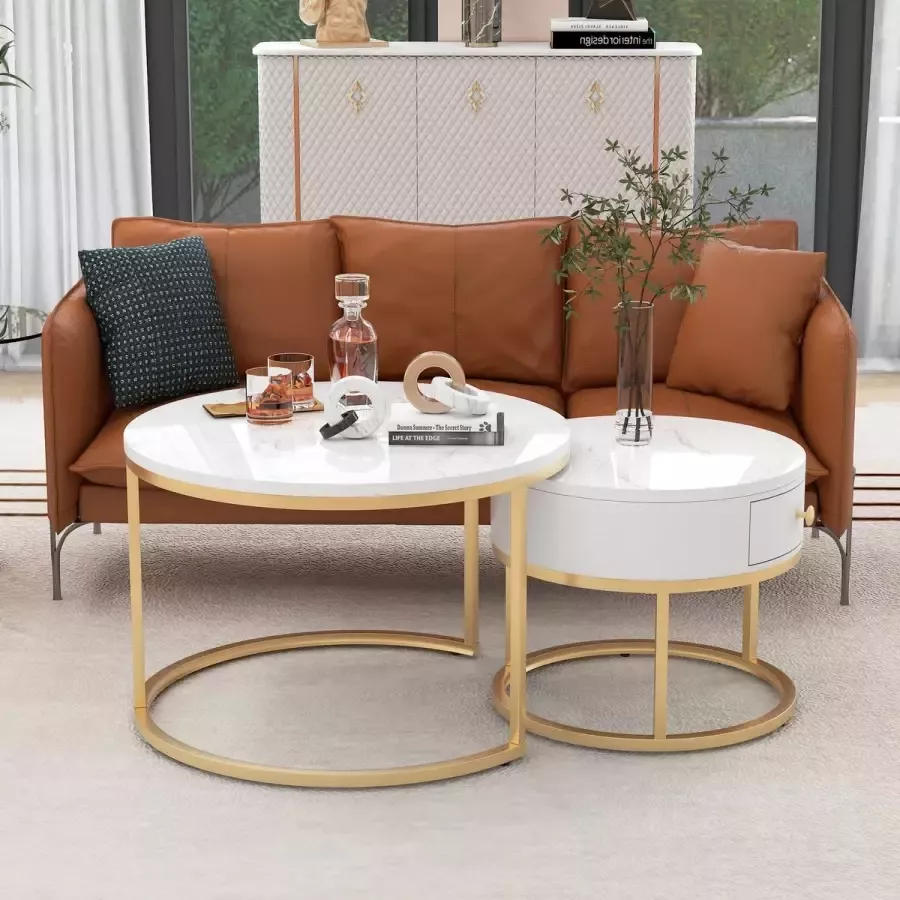 YJZQ Moderne salontafel set van 2 voor woonkamer balkon kantoor ronde hout accent salontafels met lade- Goud stevig metalen frame eenvoudige montage marmer zwart 70cm en& 50cm - Foto 2