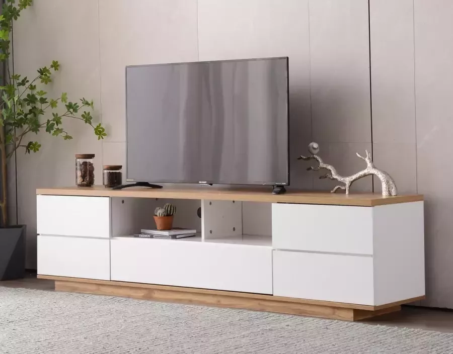 YJZQ Moderne tv-kast -Midden-eeuwse moderne tv-standaard -Houten tv-console Mediakast met opbergruimte- Home Entertainment Center in wit en eiken voor woonkamer slaapkamer en kantoor Hoogglans afwerking houtnerf tv-kast -180 cm