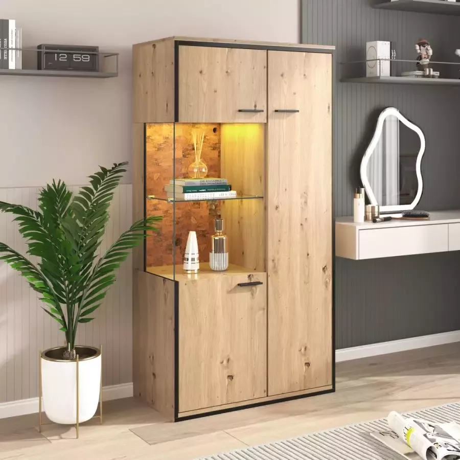 YJZQ Moderne vitrinekast met LED-verlichting Multifunctionele planken met glazen deur -15 kleur veranderende grote opslagruimte- glazen plank vitrine-presentatie meubilair kabinet met verlichting-150Hx78Wx40Dcm