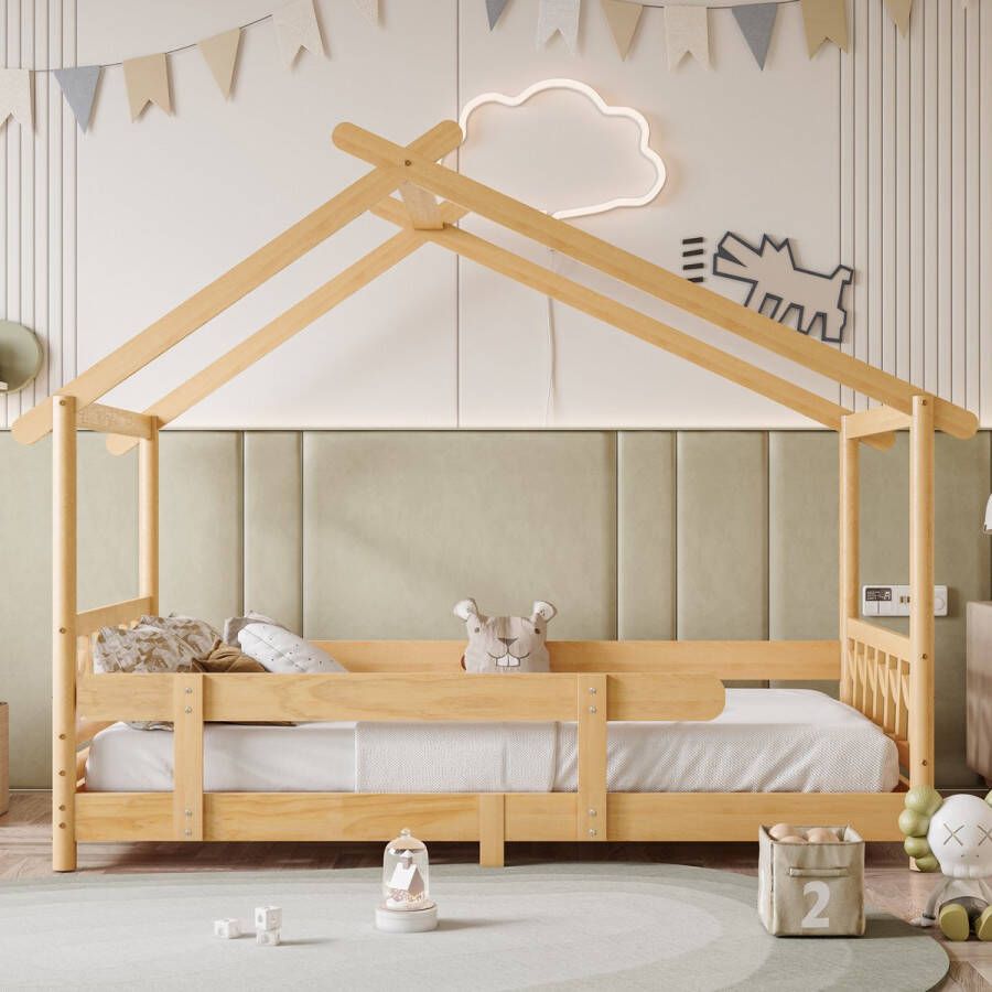 YJZQ Montessori Bedframe-Houten Huisbed met Hek valbeveiliging massief hout met rooster en lattenbodem Bed voor kinderen jongens grils slaapkamer naturel (200x90cm)