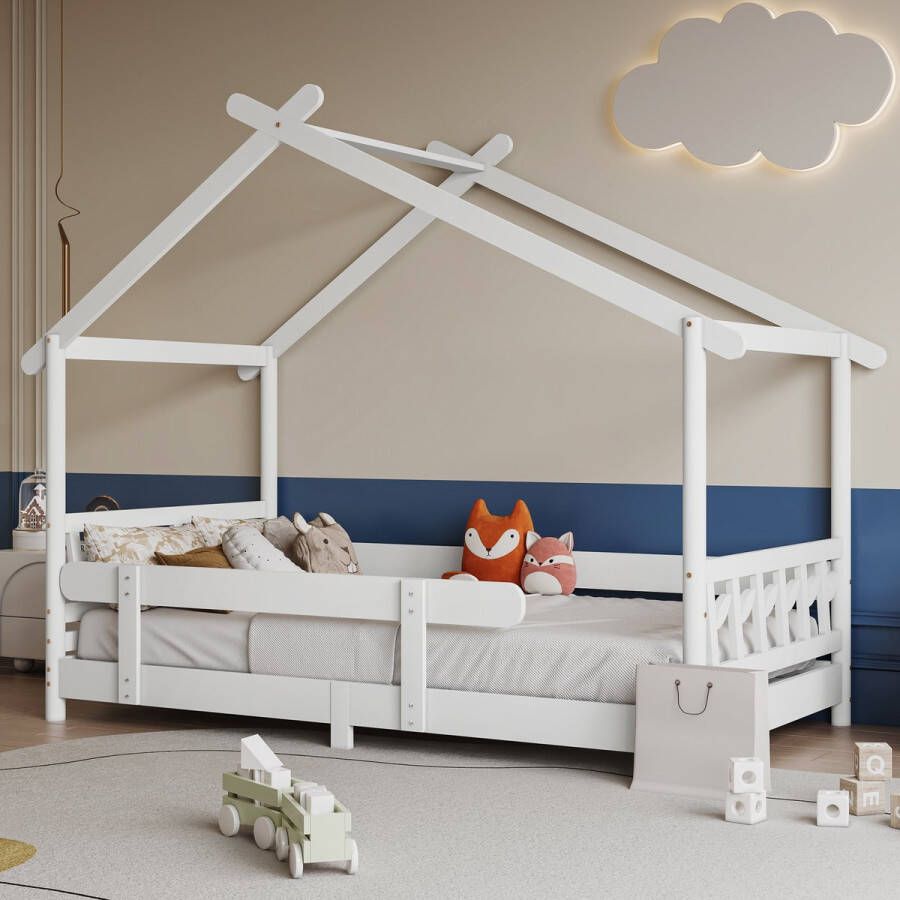 YJZQ Montessori Bedframe-Houten Huisbed met Hek valbeveiliging massief hout met rooster en lattenbodem Bed voor kinderen jongens grils slaapkamer wit(200x90cm)