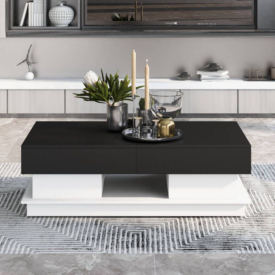 YJZQ Multifunctionele salontafel hoogglans salontafel met opbergruimte bijzettafel zwart-wit moderne woonkamer opbergtafel met lade-100cm