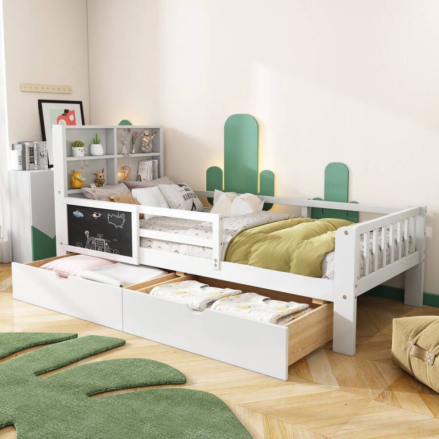 YJZQ Opbergbed voor kinderen met boekenkast hoofdeinde en 2 lades Houten bedframe van volledige grootte met plank voor kinderen en tieners 90x200cm zonder matras wit