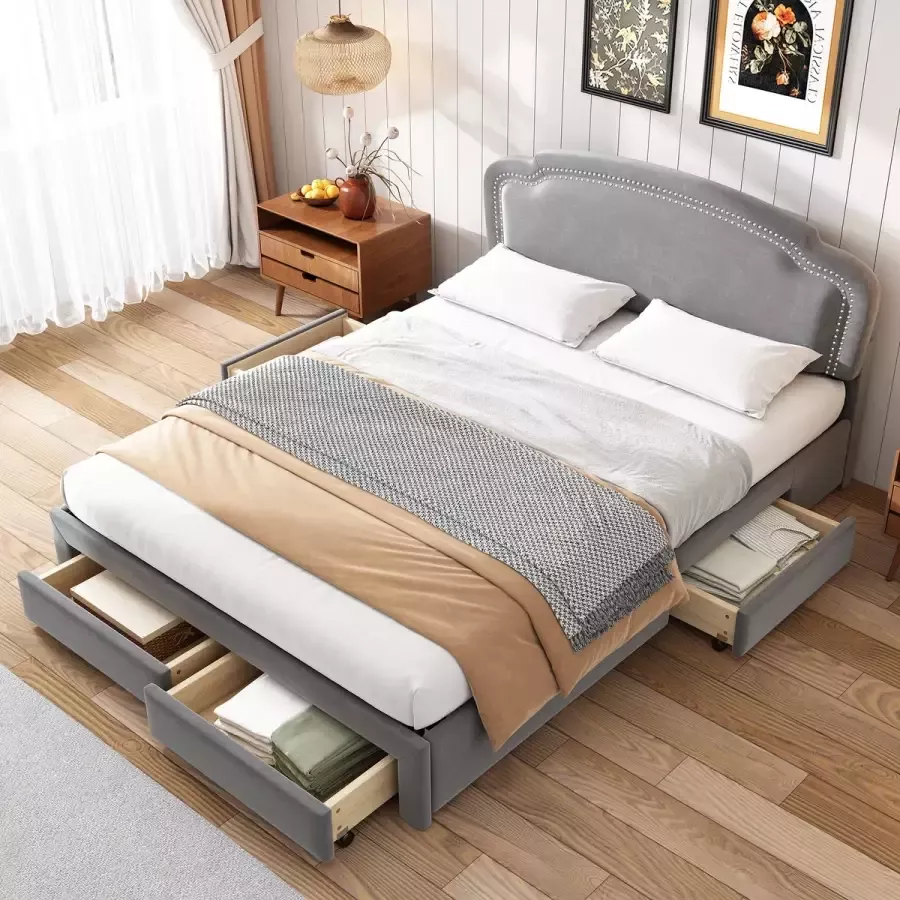 YJZQ Queen Velvet Bedframe met 4 Opberglades-gestoffeerd Platform Bed met Hoofdbord-dubbel bed 140 x 200cm-grijs
