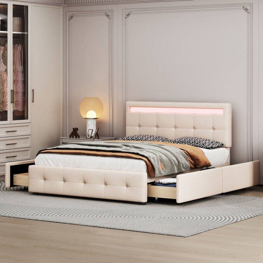 YJZQ Queensize bedframe met LED-verlichting Tweepersoonsbed met in hoogte verstelbaar hoofdeinde en 4 laden Gestoffeerd bed met opbergruimte Geen boxspring nodig Huidvriendelijk linnen oppervlak beige 140x200cm (zonder matras)