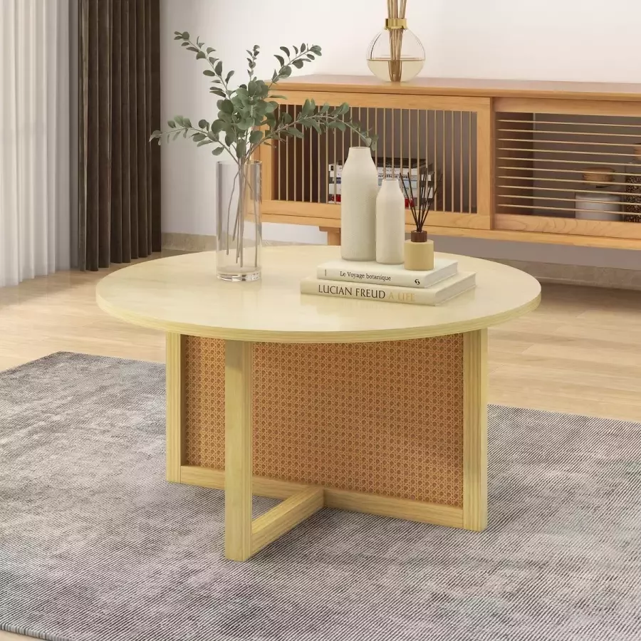 YJZQ Ronde houten koffietafel met rotan inzet-ronde centertafel voor woonkamer café kleine ruimte-diameter 80cm en 40cm hoogte