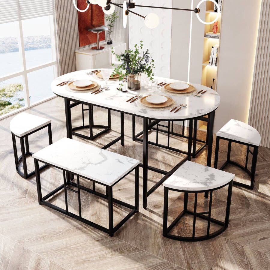 YJZQ Set tafel en stoelen eettafel met 4 kleine krukjes en 2 grote krukjes keuken eettafelset met verguld ijzeren onderstel MDF zitting wit en zwart draagvermogen 120 kg