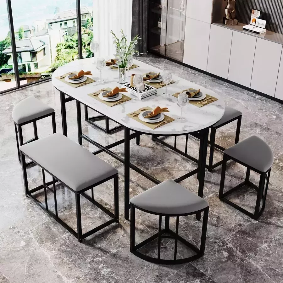 YJZQ Set van tafel en stoelen-eettafel met 4 kleine krukjes en 2 grote krukjes-keuken eettafel set gemaakt van stalen frame-Modern wit en Gouden 140*70*76cm-laadvermogen 120 kg