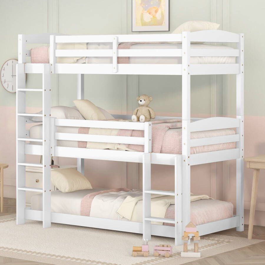 YJZQ Single Size Houten Drievoudig Stapelbed voor Kinderen Wit zolderbed met ladder (90*200cm)