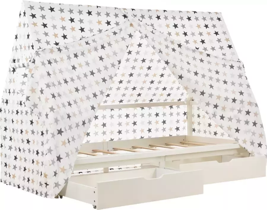 YJZQ Speelhuisbed met onderschuifbed Tentbedden Kindercottage Speelhuisbedframe met 2 lades Mobiele tentstandaard| fall-out bescherming Stabiele lattenbodem Ledikant in grenen 90 x 200 cm zonder matras wit