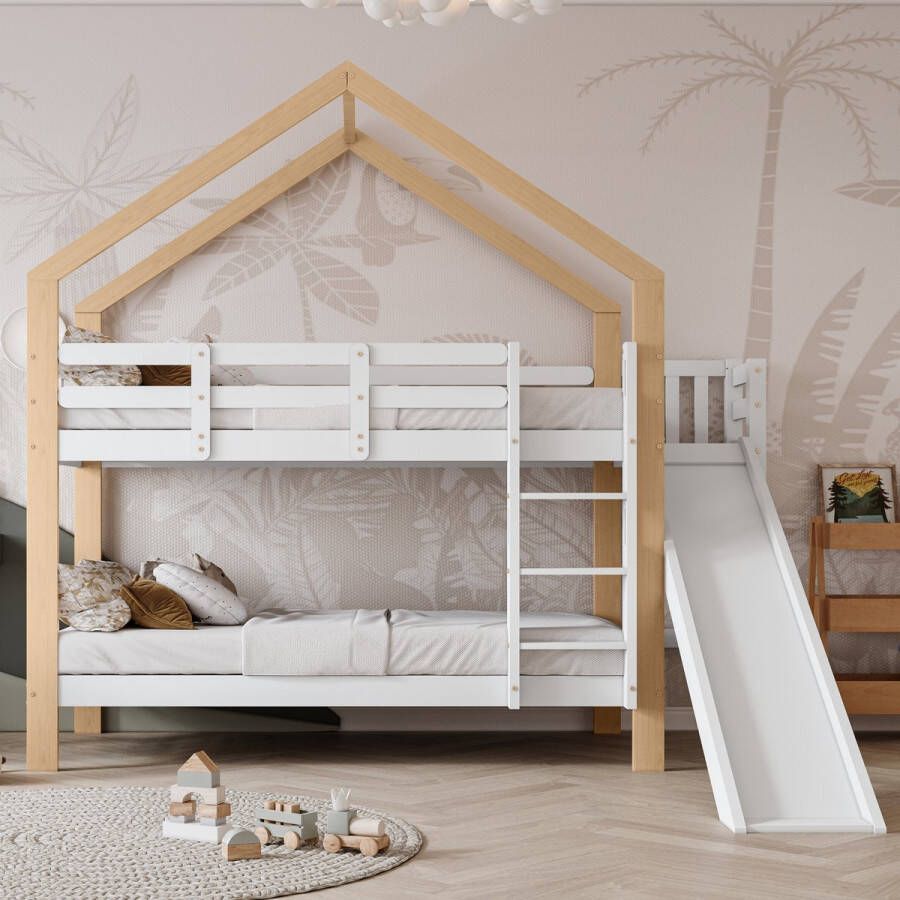 YJZQ Stapelbed met glijbaan bed met valbeveiliging en drietraps schuine ladder kinderbedframe gemaakt van massief hout wit en naturel 90x200 cm