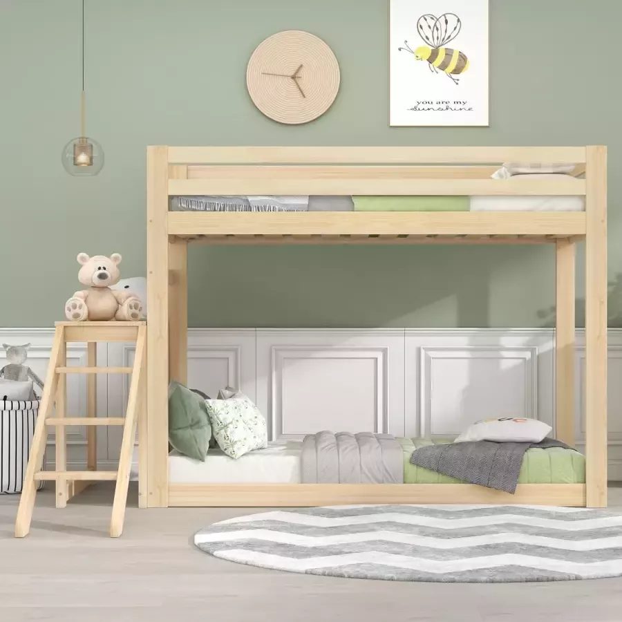 YJZQ Stapelbed met grenen frame- houten bed met trap-kinderbed met valbeveiliging en bedhek-natuur (90x200cm)