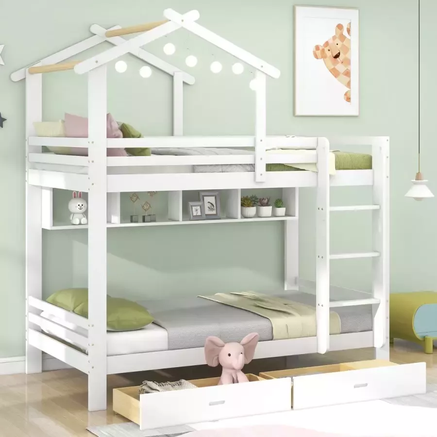YJZQ Stapelbed met laden en planken- huisbed met drie treden rechthoekige ladder-kinderbed met valbeveiliging en rooster- frame van grenenhout- wit (90x200cm)