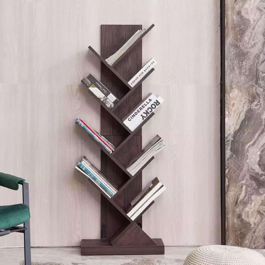 YJZQ Tree Bookshelf-9 Plank Ruimtebesparende Boom Boekenkast- Smalle Boekenplanken voor Woonkamer Slaapkamer Thuiskantoor Vloerstaande Boek Organisator Plank Met Muuranker Donkerbruin 141cm