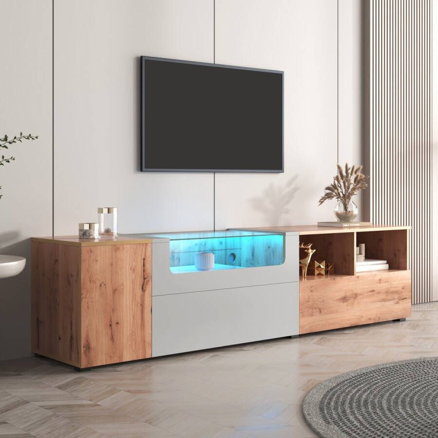 YJZQ TV-kast lowboards woonkamermeubel in lichtgrijs en houtkleuren TV-meubel Met van kleur veranderende LED-verlichting en glazen blad met vakken en deuren 190x40x48cm