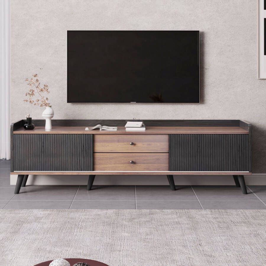 YJZQ TV-meubel met twee laden-TV-tafel-TV lowboard laag paneel met twee schuifdeuren bruin en zwart houtkleur-H58 L160 T40 cm