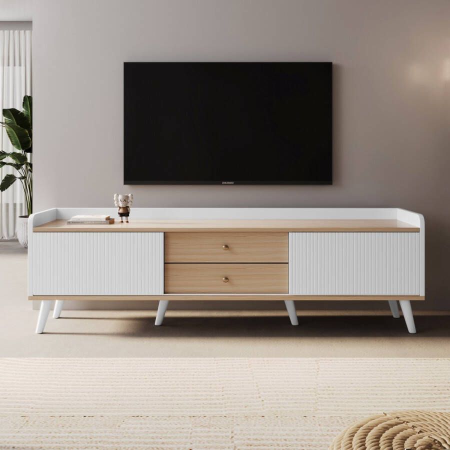 YJZQ TV-meubel met twee laden-TV-tafel-TV- lowboard laag paneel met twee schuifdeuren Wit en natuurlijke houtkleur-H58 L160 T40 cm