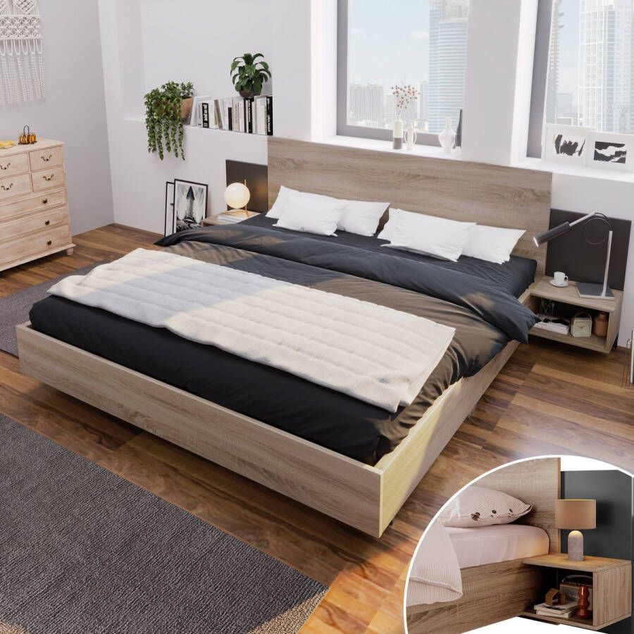 YJZQ Tweepersoonsbed houten bed 160x 200 cm met 2 nachtkastjes Modern bed met 2 nachtkastjes Slaapkamermeubelset 205 5x235x76 5 cm (D B H) eiken